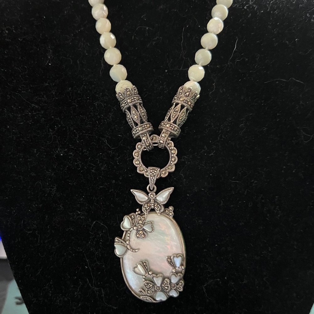 Artisan 925 Silver MOP Marcasite Faceted Iolite Tourmaline Necklace - Picture 3 of 9